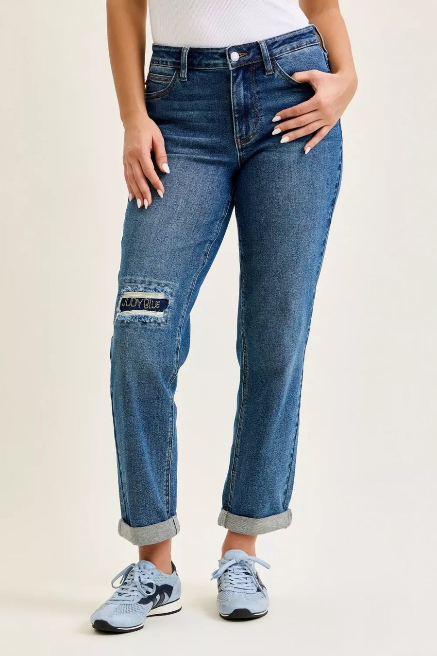 Blue Mid Rise Boyfriend Embroidered Repair Patch Jeans
