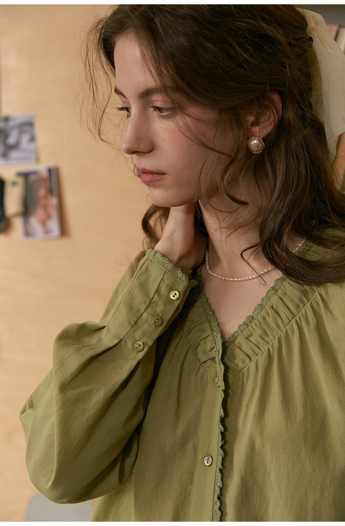 French Ruffled V-Neck Lyocell Linen Blouse