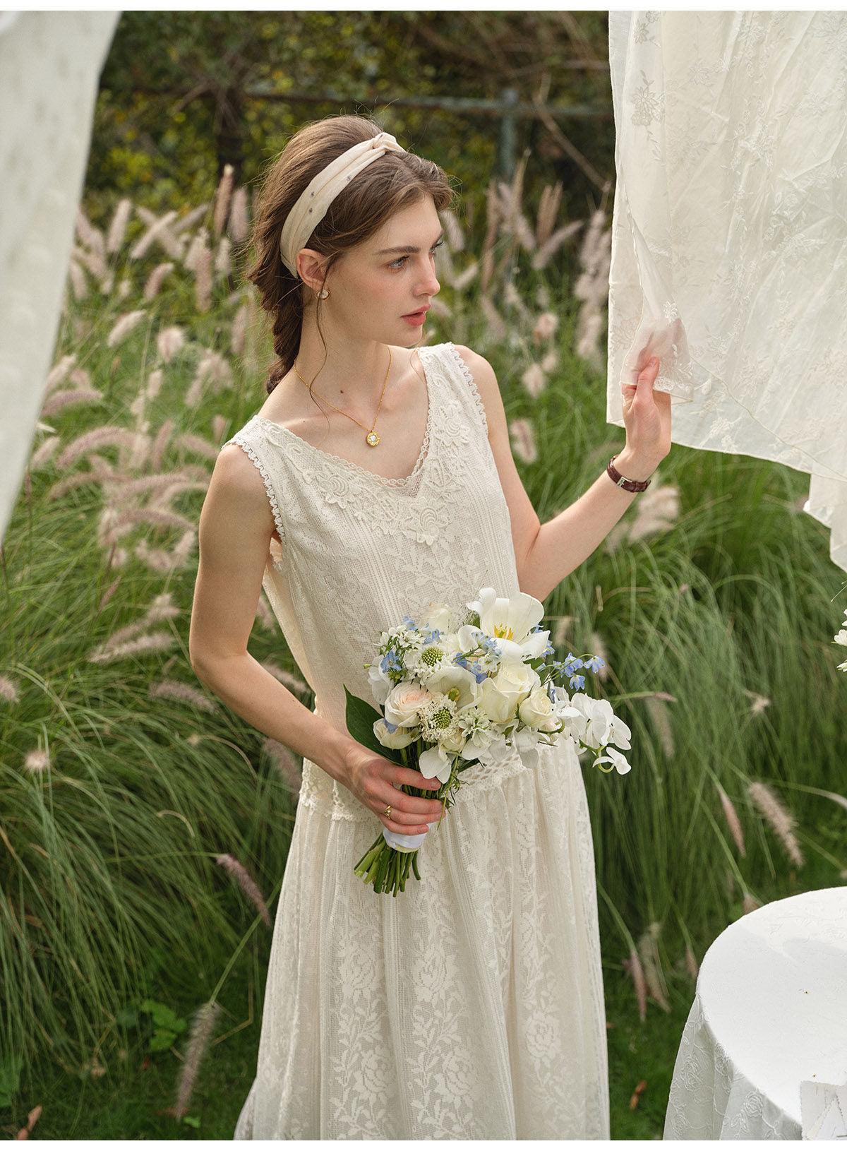 Women's Vintage Lace Jacquard Maxi Dress | Sleeveless White Tank Dress