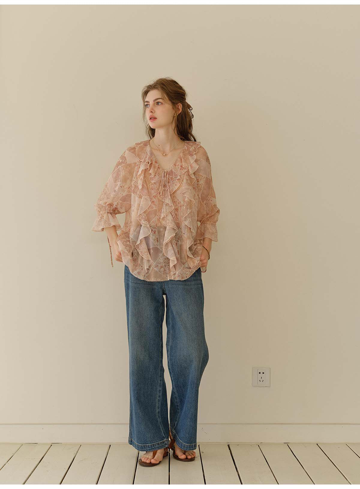 French Style Irregular Ruffle Chiffon Blouse Women 3/4 Sleeve Summer Casual Top