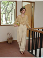 French Ruffle Neck Tencel Linen Long Sleeve Blouse