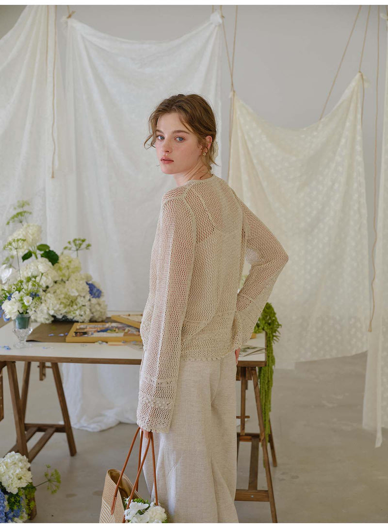 French Openwork Tie-Front Lyocell Linen Knit Cardigan