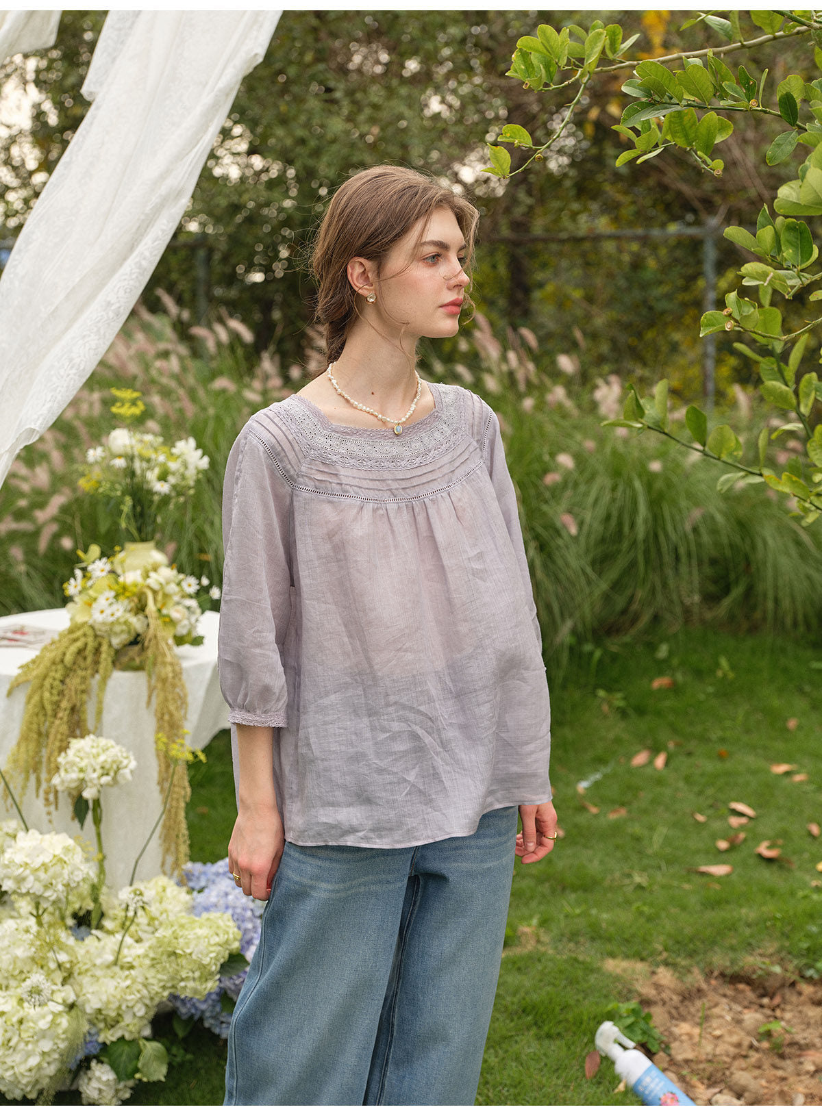 Vintage Linen Lace Square Neck Blouse Women 3/4 Sleeve Bohemian Top