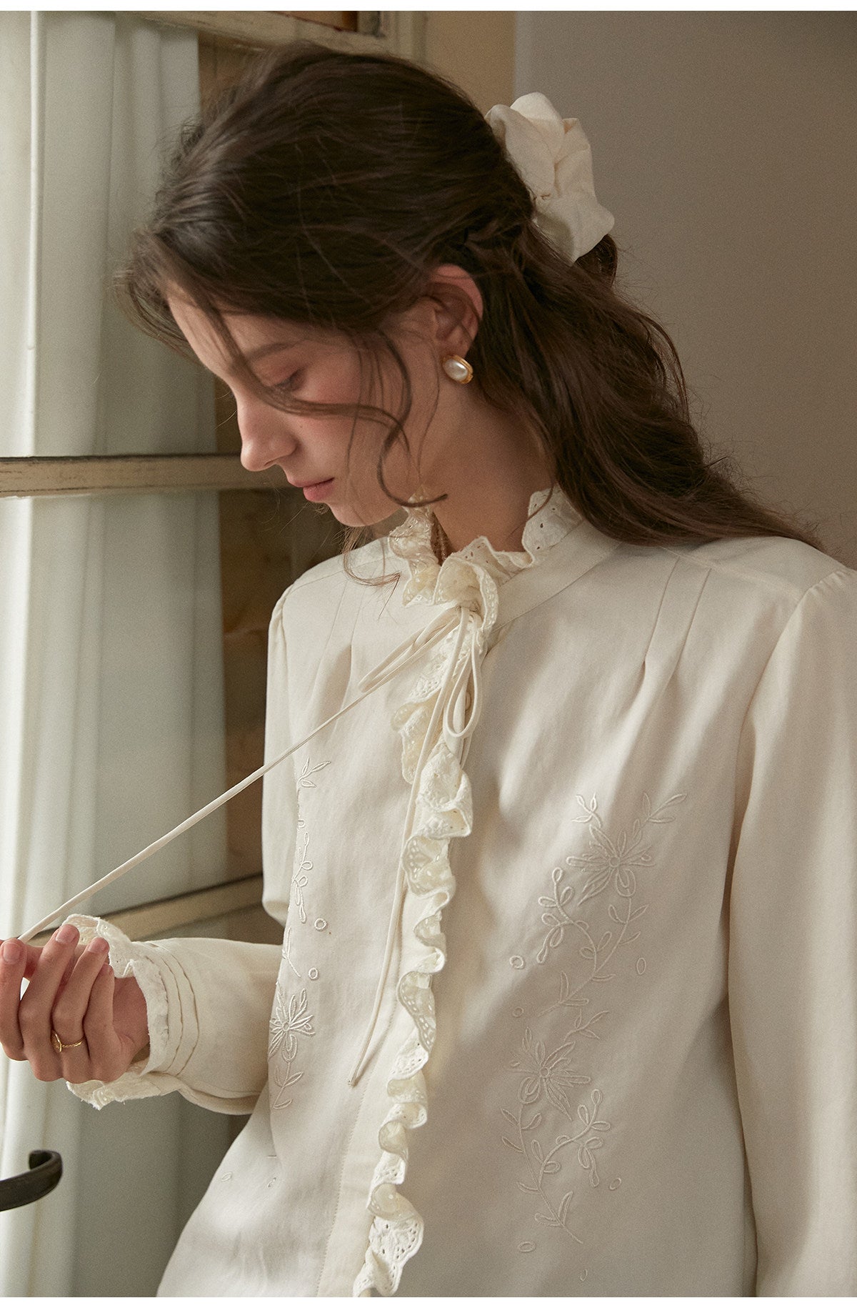 French Court Style Lace Ruffle Tencel Cotton Blouse