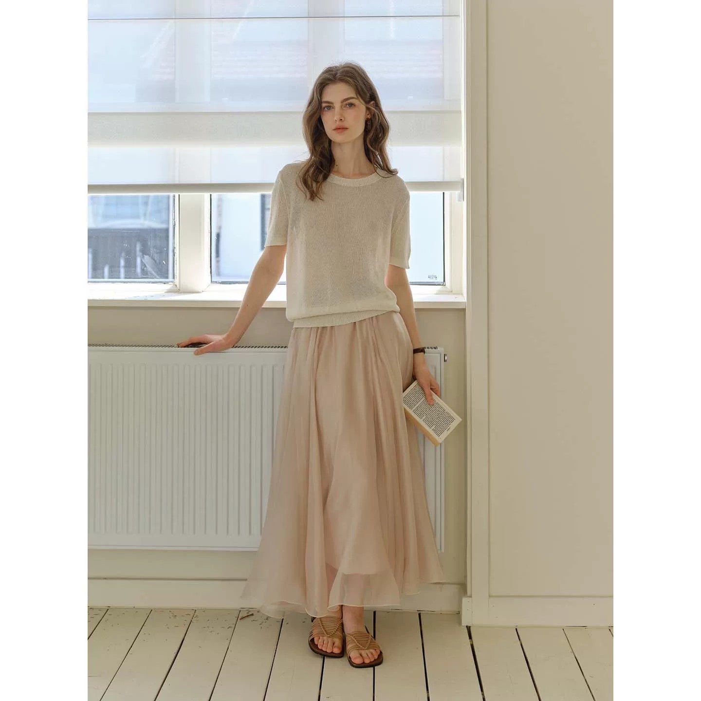 Nude Chiffon Flowy Maxi Skirt, Korean Style Elegant High Waist A-Line Long Skirt