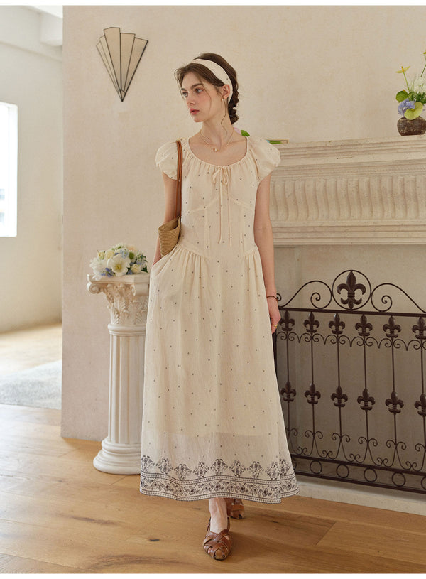Women's Linen Lyocell Blend Embroidered Midi Dress | French Style Puff Sleeve Polka Dot Dress