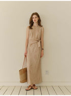 Women's French Tie-Dye Linen Blend Sleeveless Maxi Dress | Belted Waist Tank Dress