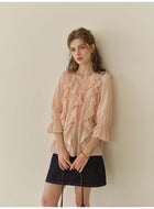 French Style Irregular Ruffle Chiffon Blouse Women 3/4 Sleeve Summer Casual Top