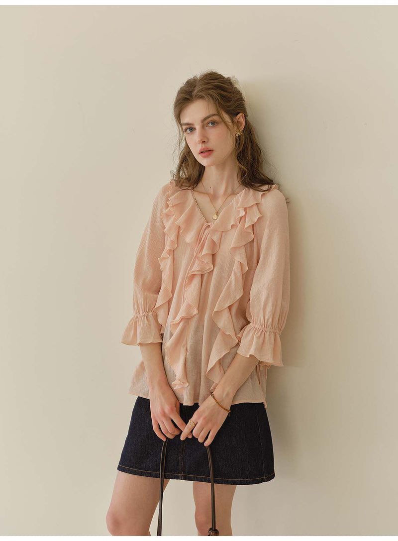 French Style Irregular Ruffle Chiffon Blouse Women 3/4 Sleeve Summer Casual Top