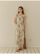 French Style Rose Floral Square Neck Lyocell Midi Dress