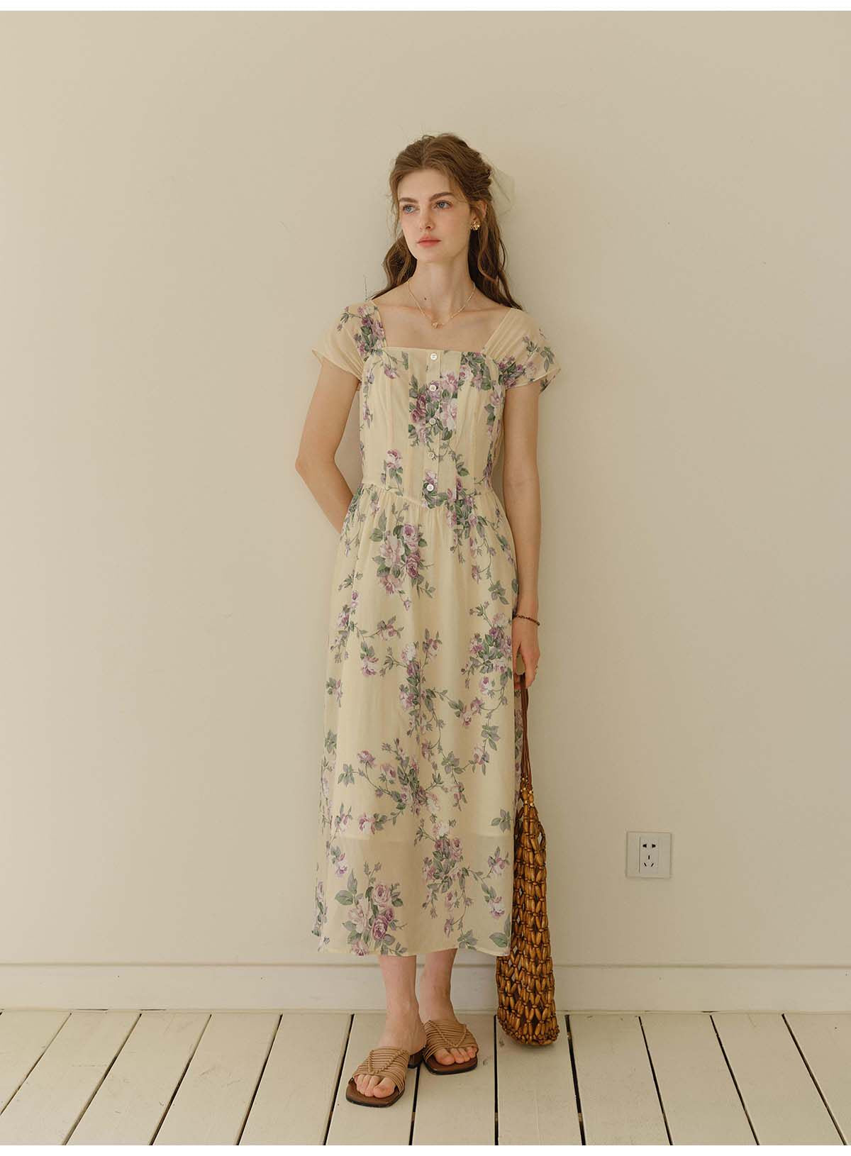 French Style Rose Floral Square Neck Lyocell Midi Dress