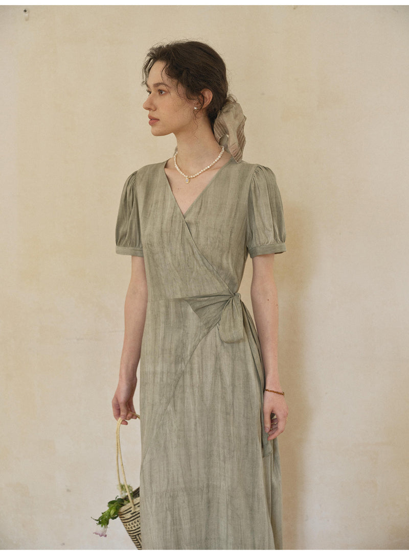 French Tie-Dye Wrap V-Neck Midi Dress