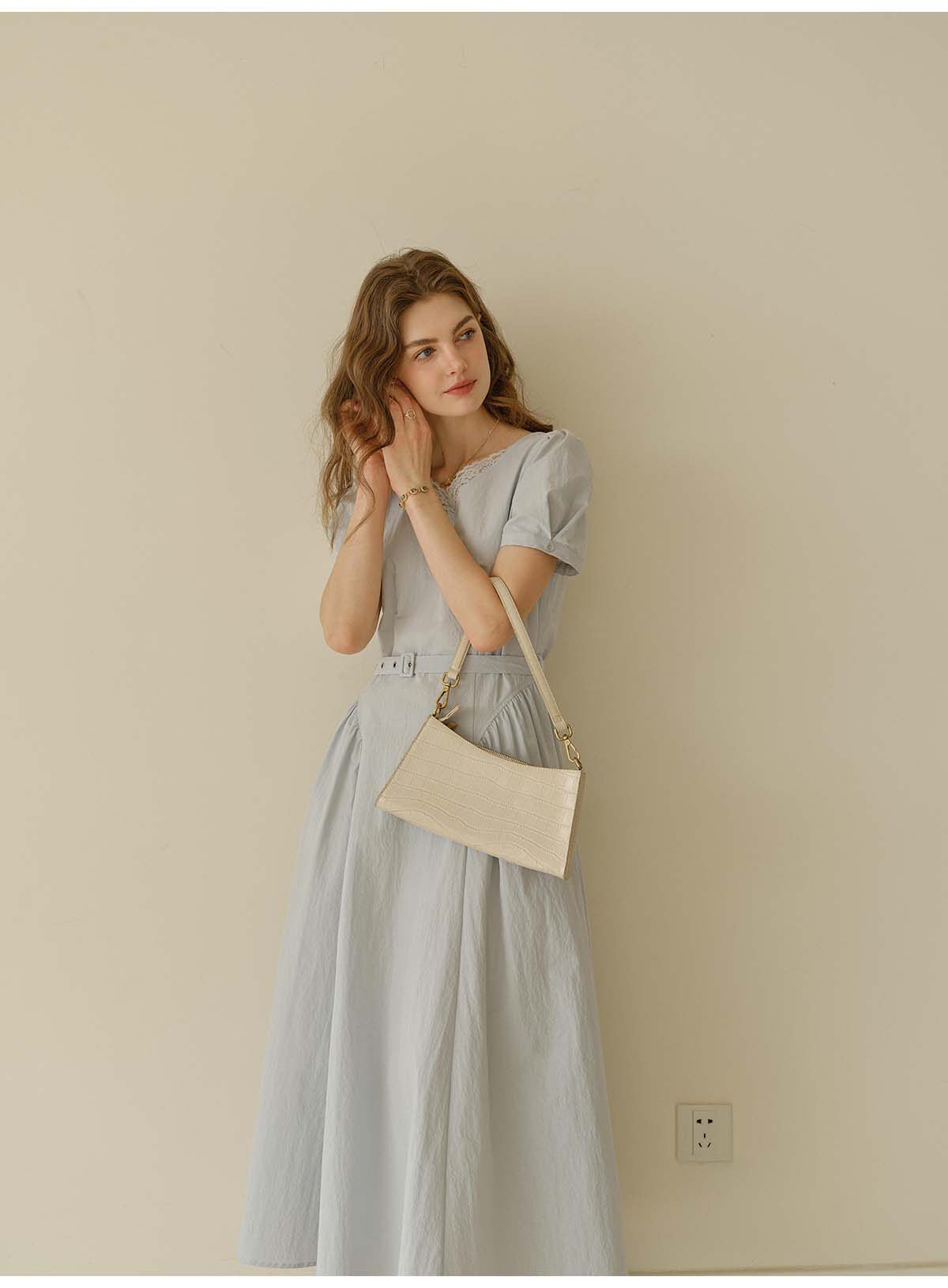 Women's French Lace V-Neck Midi Dress | Belted Puff Sleeve Cotton Blend Dress