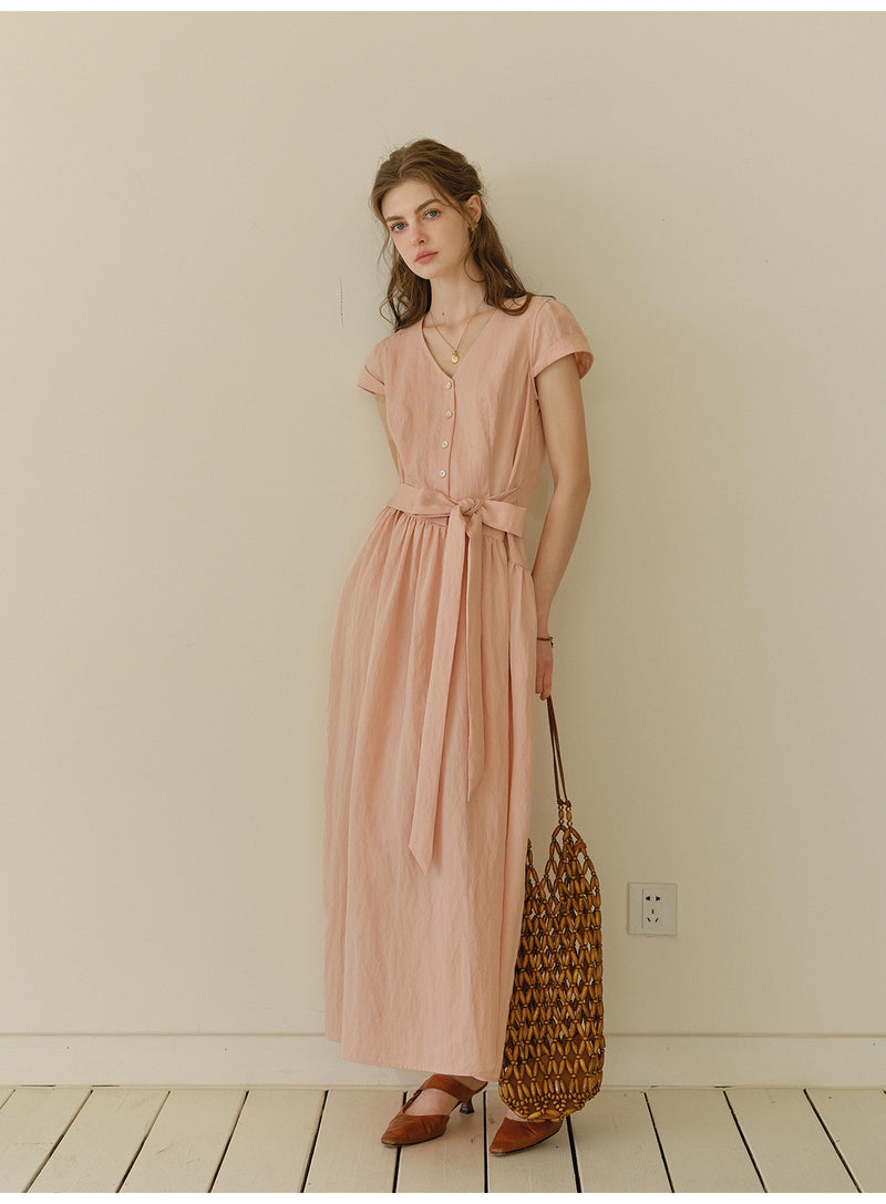 Women's Lyocell Blend V-Neck Midi Dress | French Style Belted Waist Short Sleeve Summer Dress