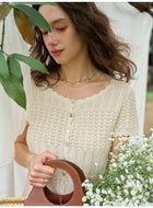 French Style Hollow Knit Short Sleeve Cardigan, Linen-Look Breathable Top, 2 Colors