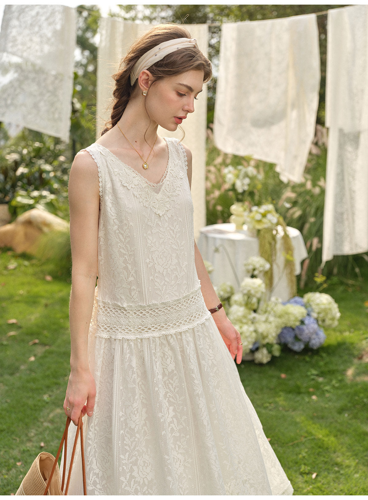 Women's Vintage Lace Jacquard Maxi Dress | Sleeveless White Tank Dress