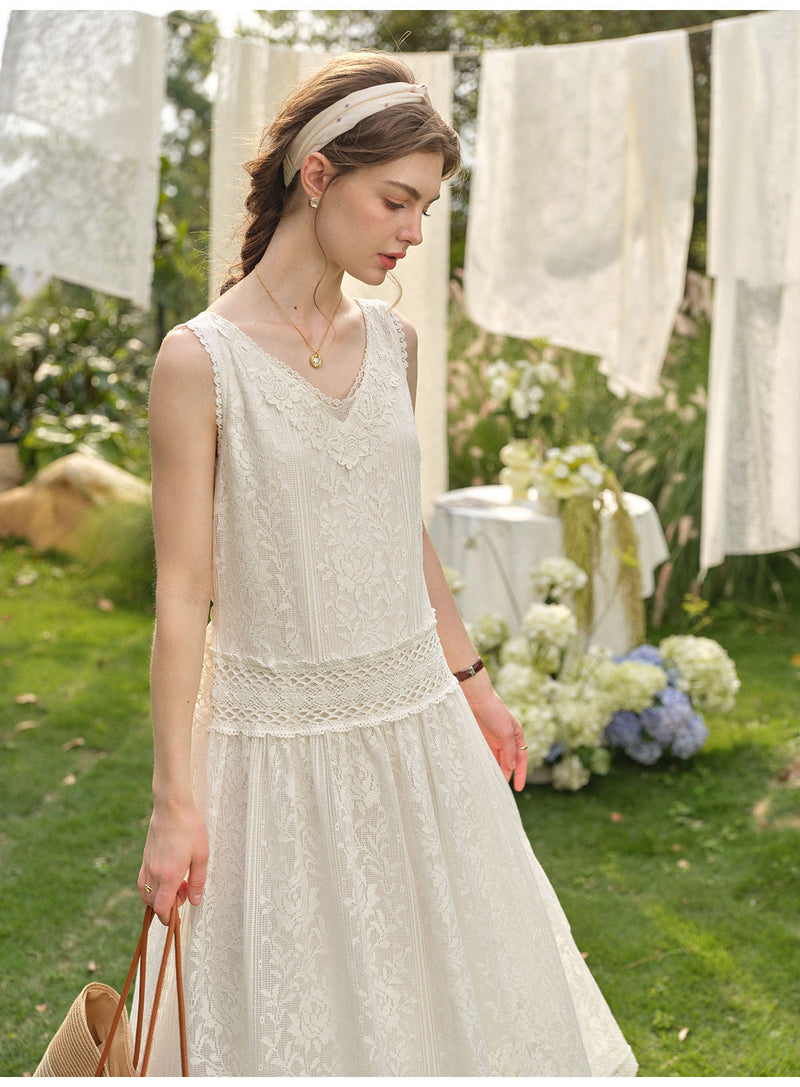 Women's Vintage Lace Jacquard Maxi Dress | Sleeveless White Tank Dress