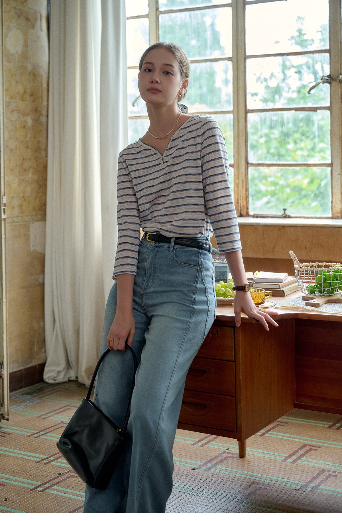 French Striped Henley Neck Lyocell T-Shirt