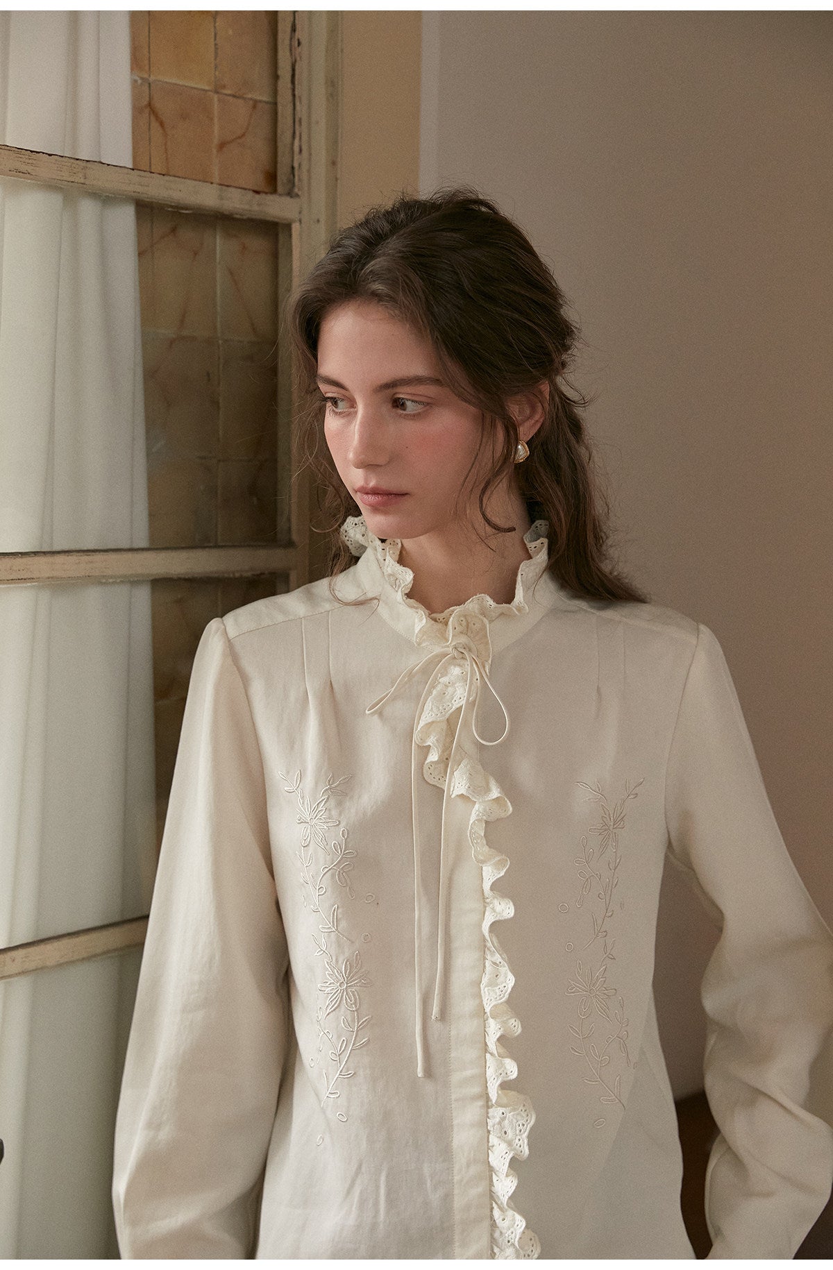 French Court Style Lace Ruffle Tencel Cotton Blouse