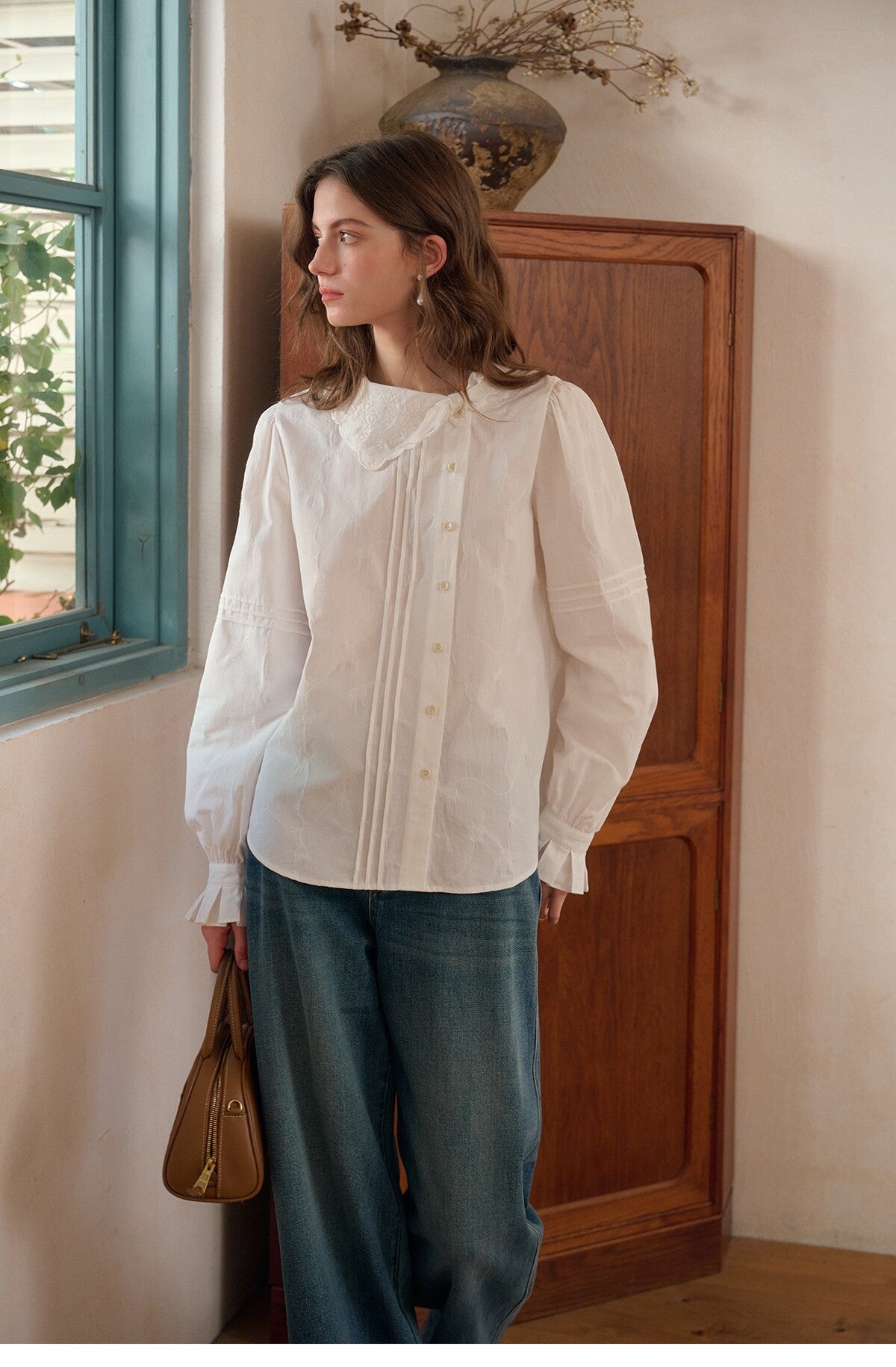 French Style Embroidered Cotton Lyocell Blouse Women Asymmetric Bow Collar Shirt