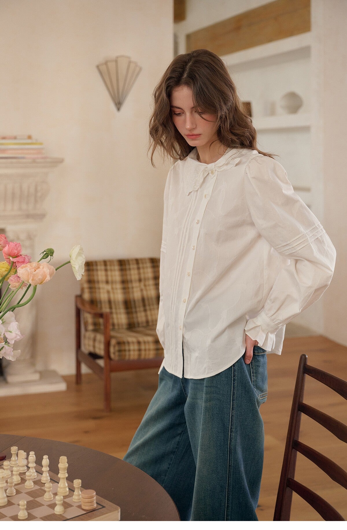 French Style Embroidered Cotton Lyocell Blouse Women Asymmetric Bow Collar Shirt