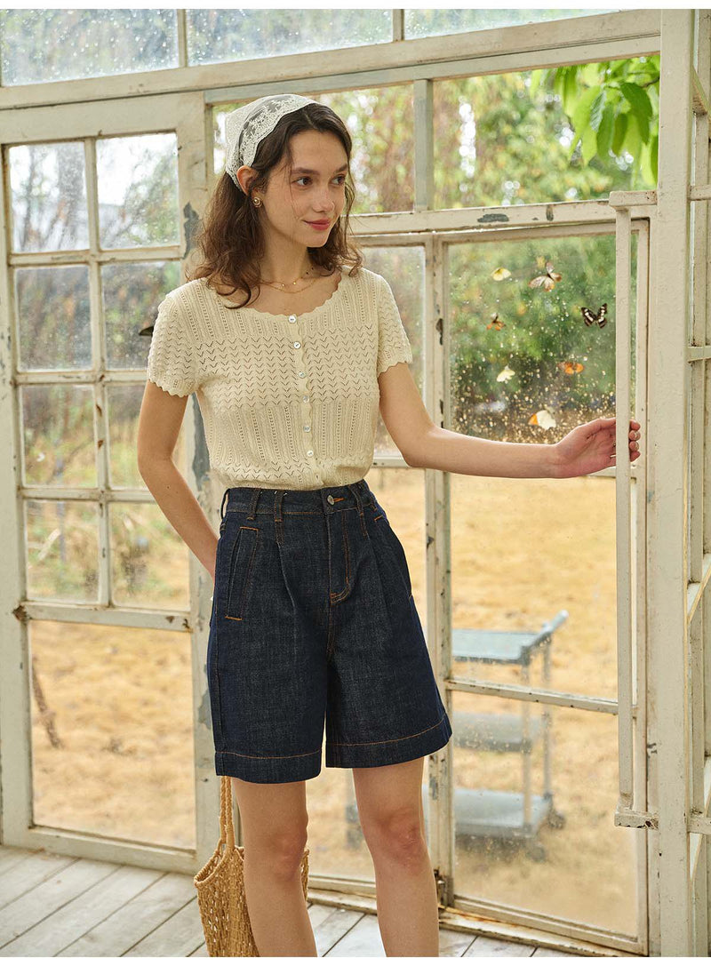 French Style Hollow Knit Short Sleeve Cardigan, Linen-Look Breathable Top, 2 Colors