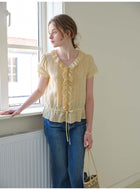French Ruffle Collar Lyocell Linen Blouse, Lace Trim Short Sleeve Drawstring Waist Top for Women, Casual Summer Shirt