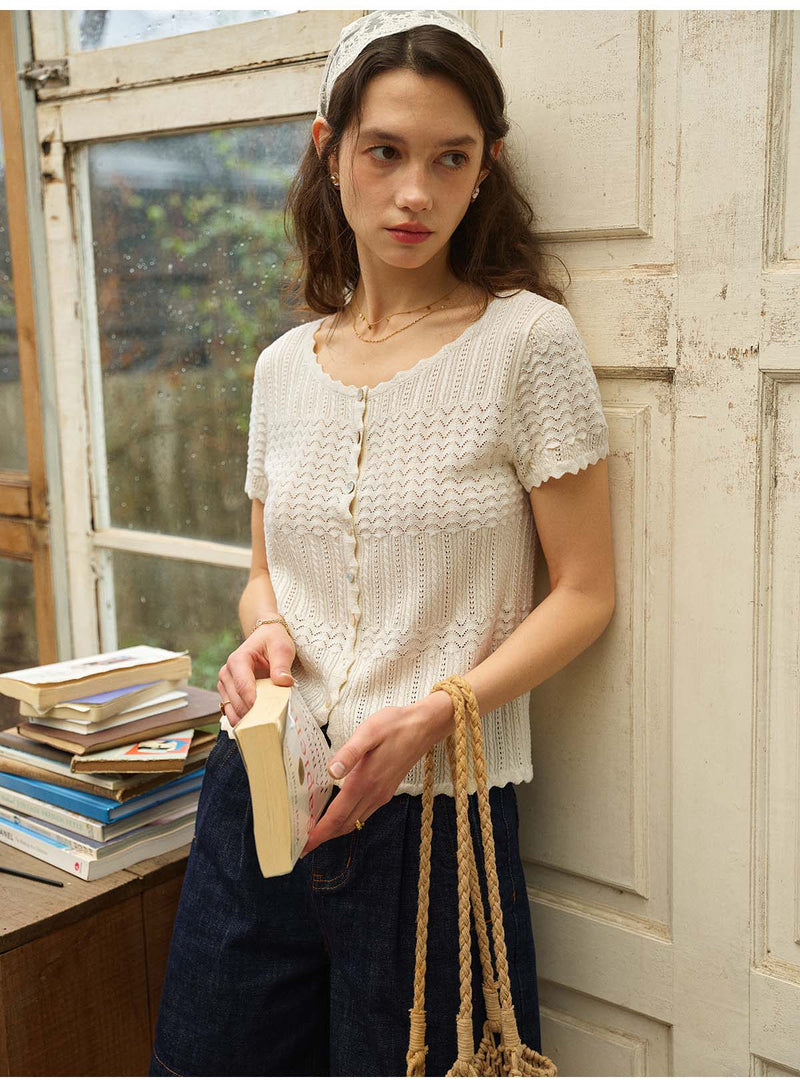 French Style Hollow Knit Short Sleeve Cardigan, Linen-Look Breathable Top, 2 Colors