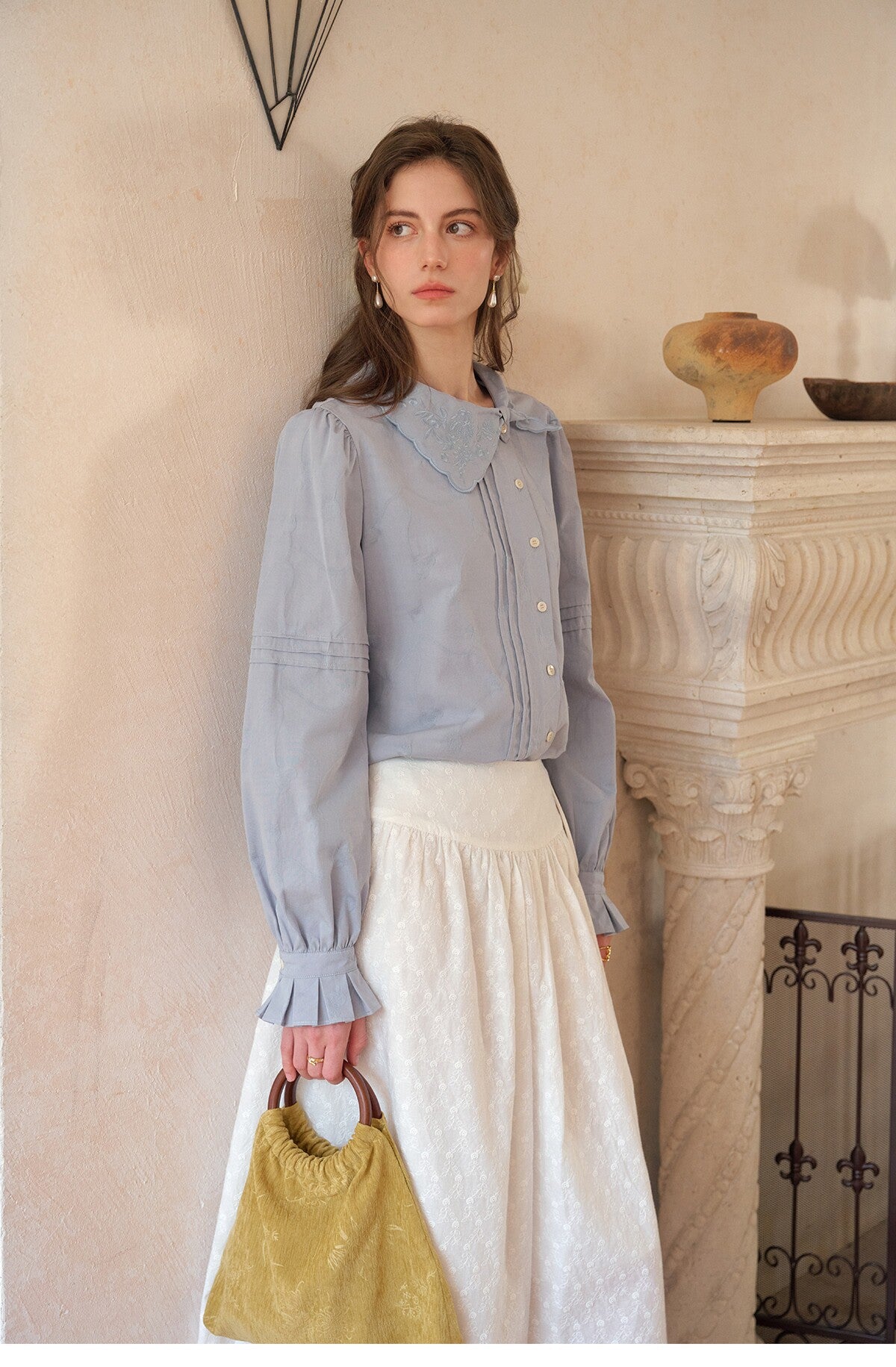 French Style Embroidered Cotton Lyocell Blouse Women Asymmetric Bow Collar Shirt
