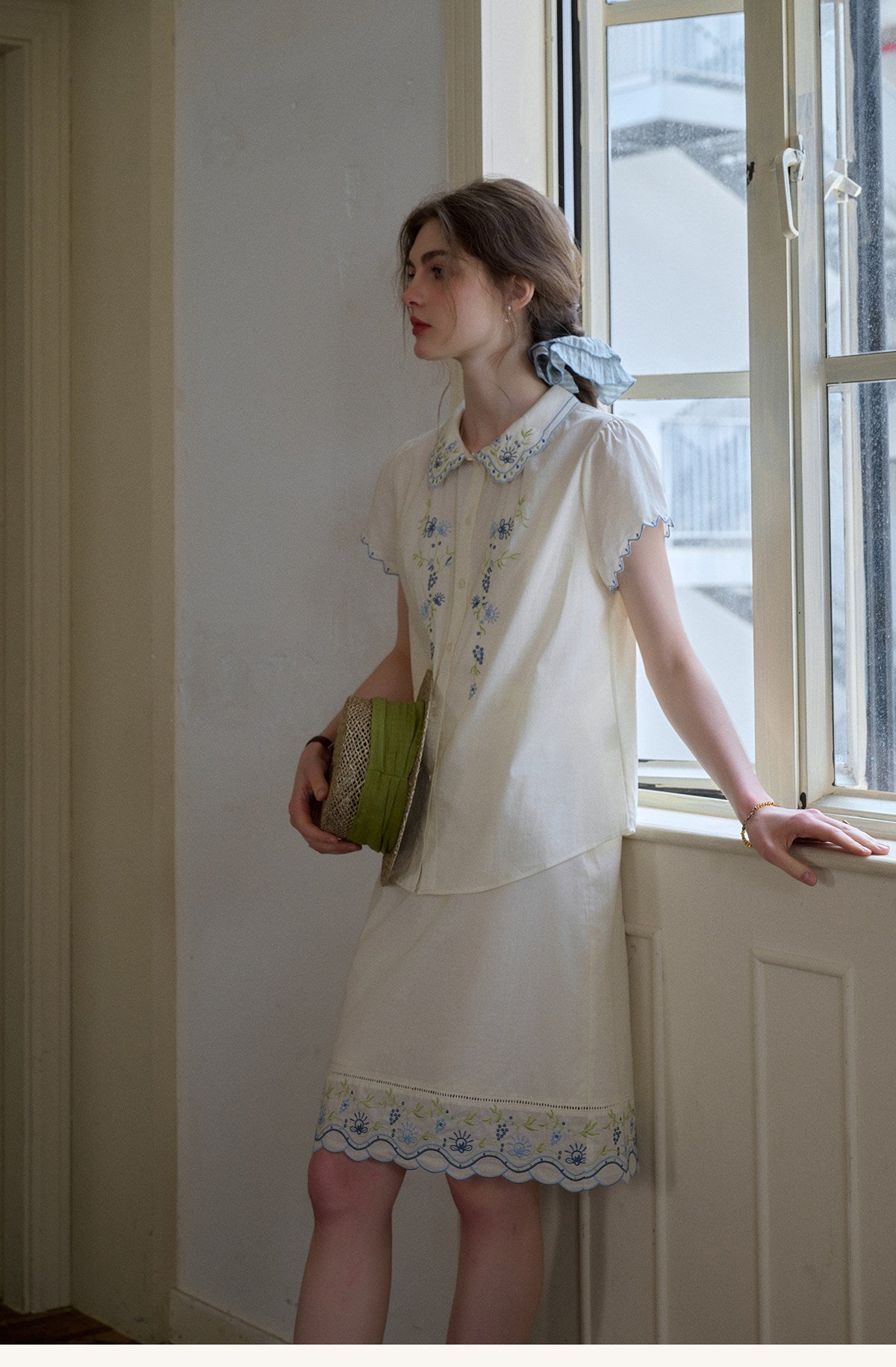 Embroidered Cotton Two-Piece Set Peter Pan Collar Blouse & Midi Skirt