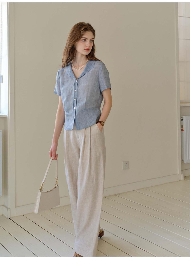 French Ramie Lyocell Notch Collar Blouse, Tailored Short Sleeve Button-Down Shirt for Women, Office Casual Retro Top