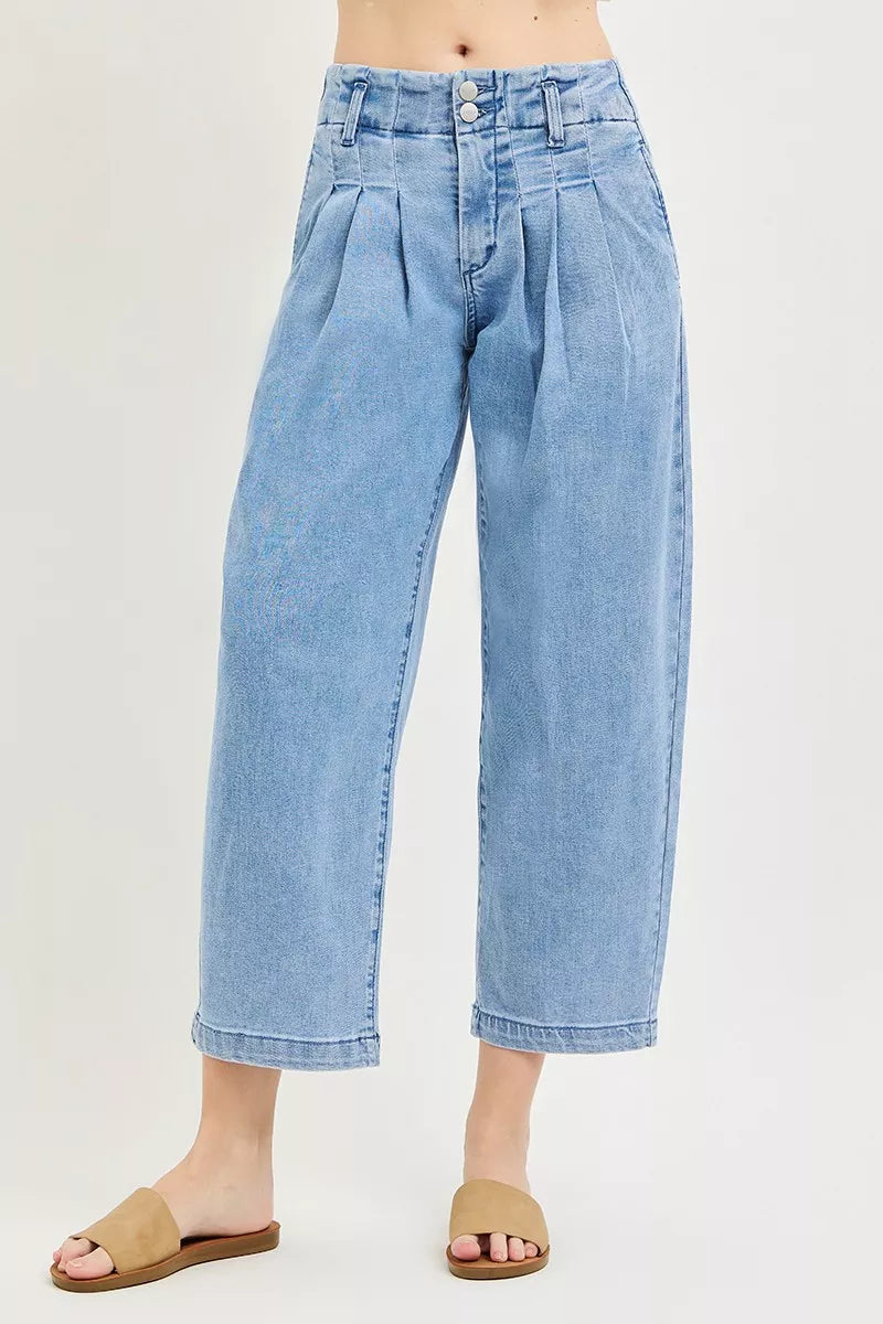 Slouchy Crop Barrel Pleated Jeans