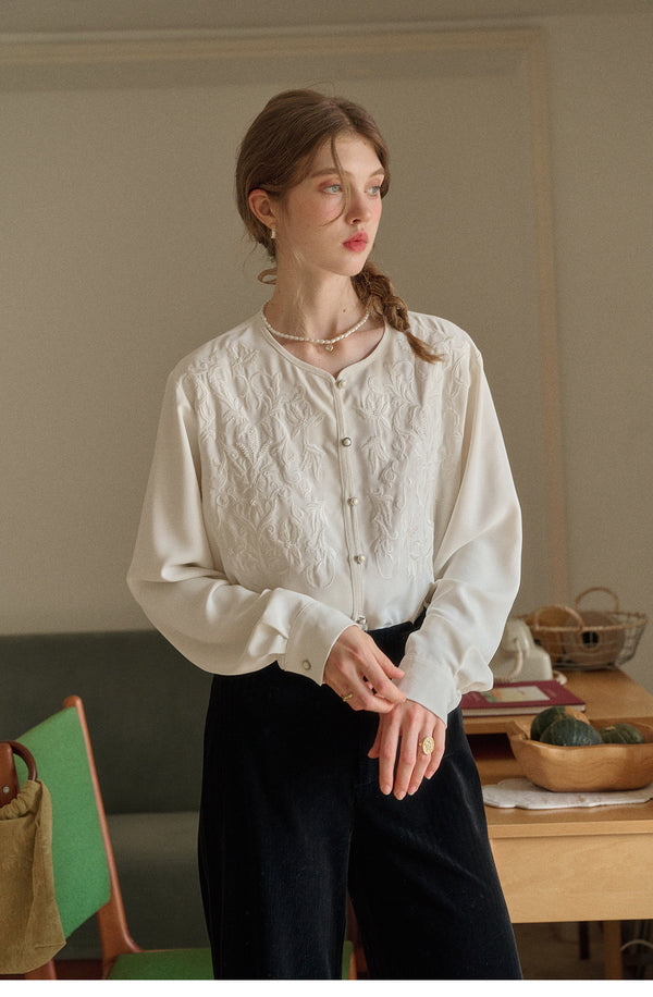 French Embroidered Crew Neck Blouse