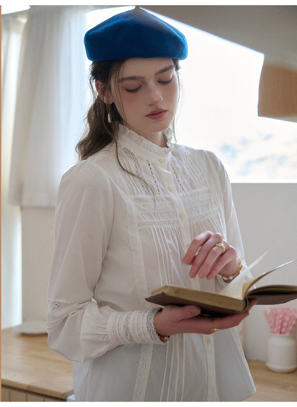 French Lace Ruffled Collar Lyocell Cotton Blouse