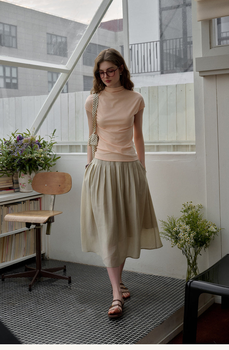 Vintage Plant Embroidered Lyocell Two-Piece Set - V-Neck Puff Sleeve Top & Midi Skirt