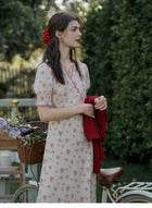 Women's French Floral Print Midi Dress | V-Neck Puff Sleeve Tea Party Dress