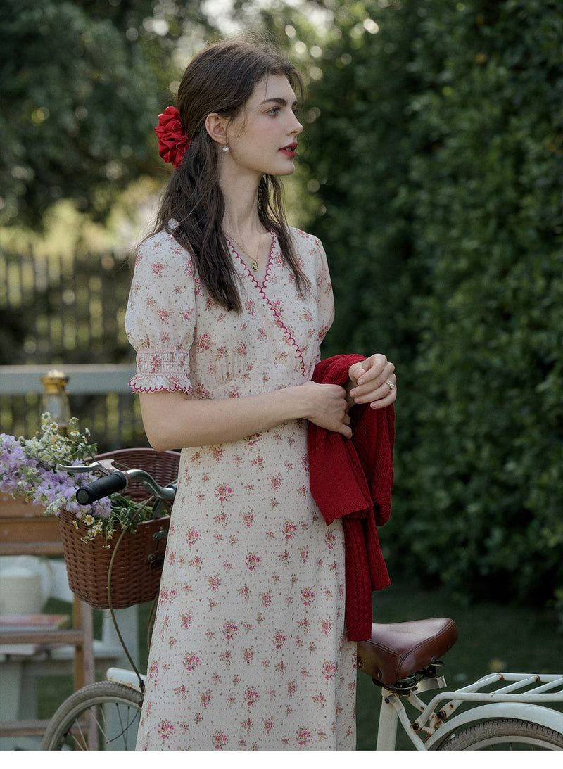 Women's French Floral Print Midi Dress | V-Neck Puff Sleeve Tea Party Dress