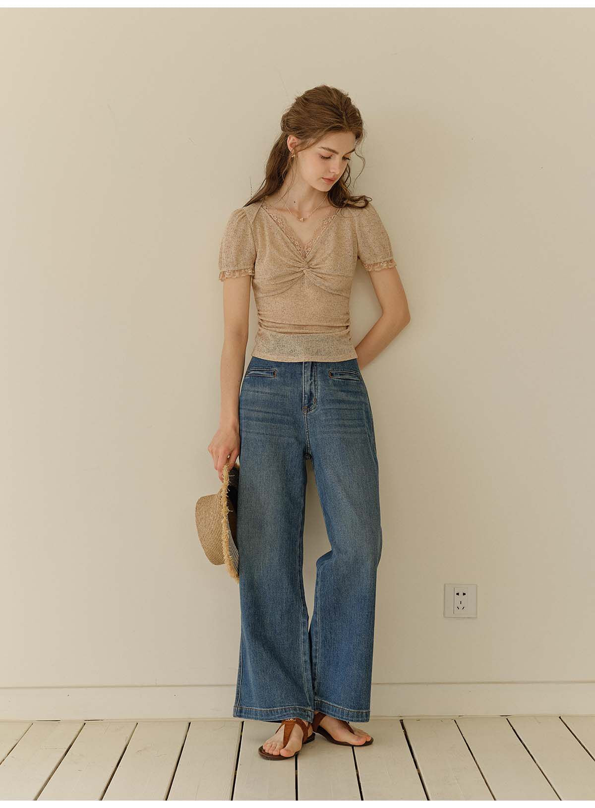 French Linen Texture V-Neck Knit Top