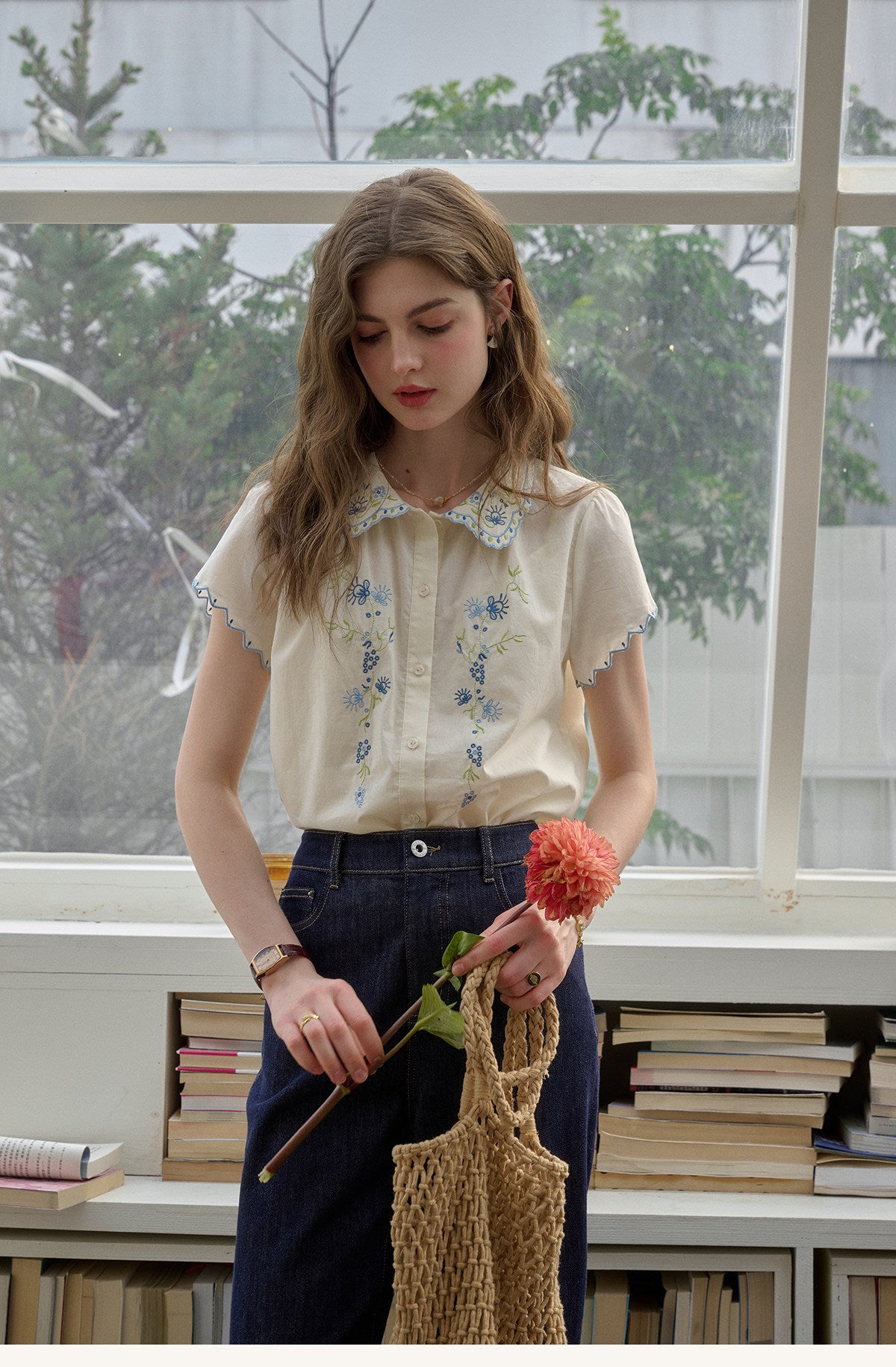 Embroidered Cotton Two-Piece Set Peter Pan Collar Blouse & Midi Skirt