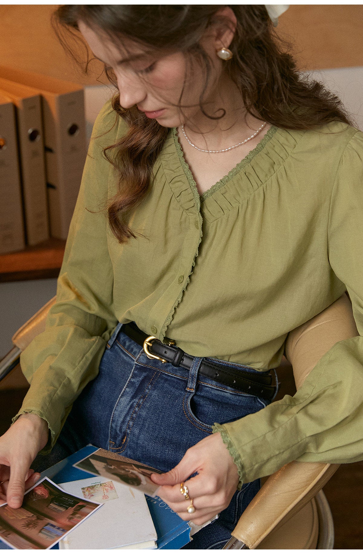 French Ruffled V-Neck Lyocell Linen Blouse