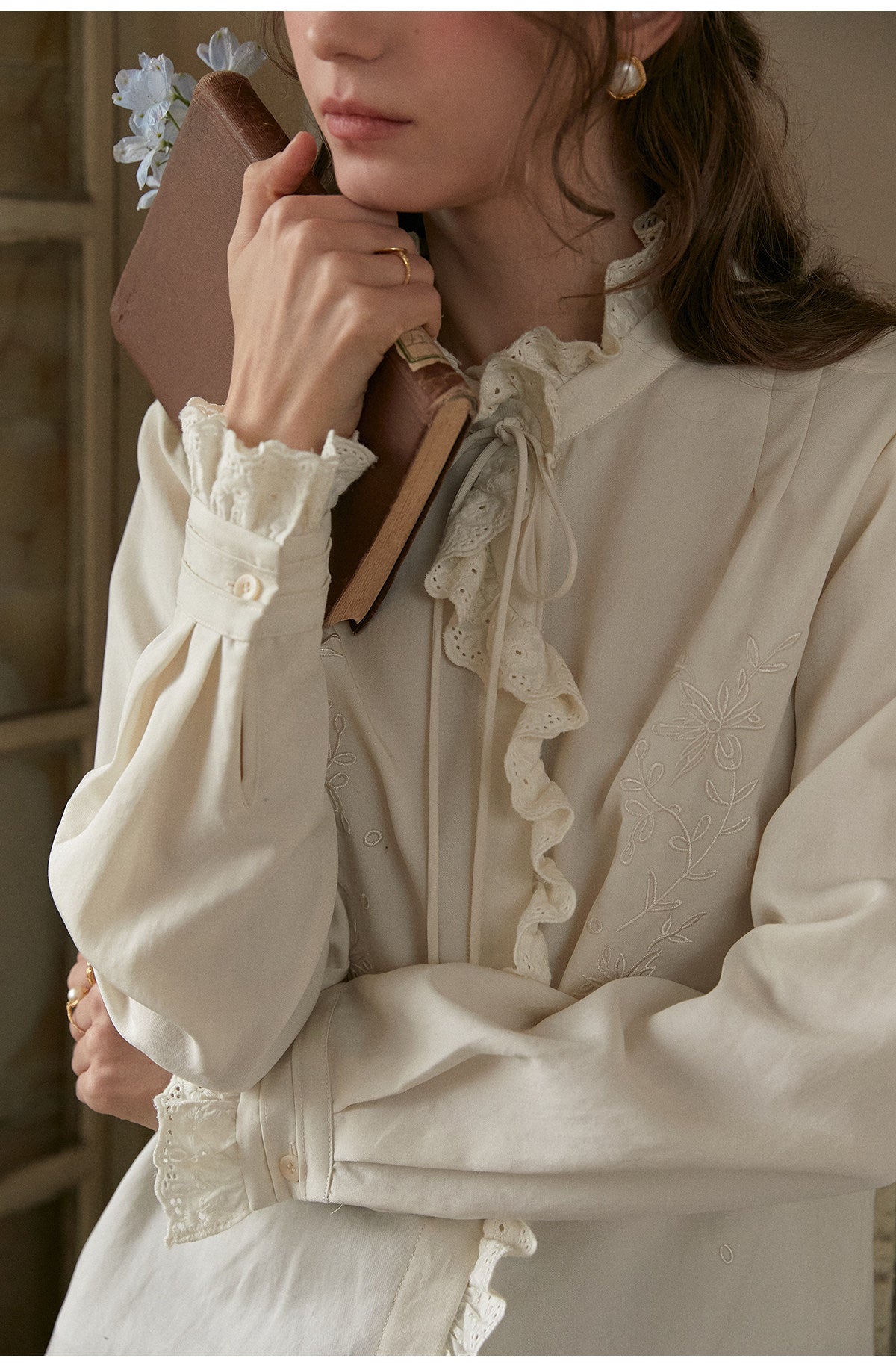 French Court Style Lace Ruffle Tencel Cotton Blouse