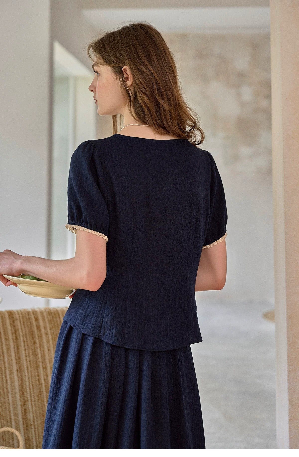Vintage Commute Women French Elegant V Neck Linen Two Piece Set Matching Cropped Top and Skirt Retro Temperament Outfit Daily Casual Linen Matching Set