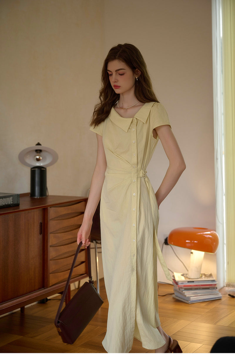 Women's Button-Front Midi Dress | French Style Fitted Dress with Adjustable Belt