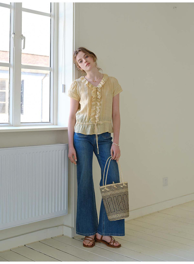 French Ruffle Collar Lyocell Linen Blouse, Lace Trim Short Sleeve Drawstring Waist Top for Women, Casual Summer Shirt