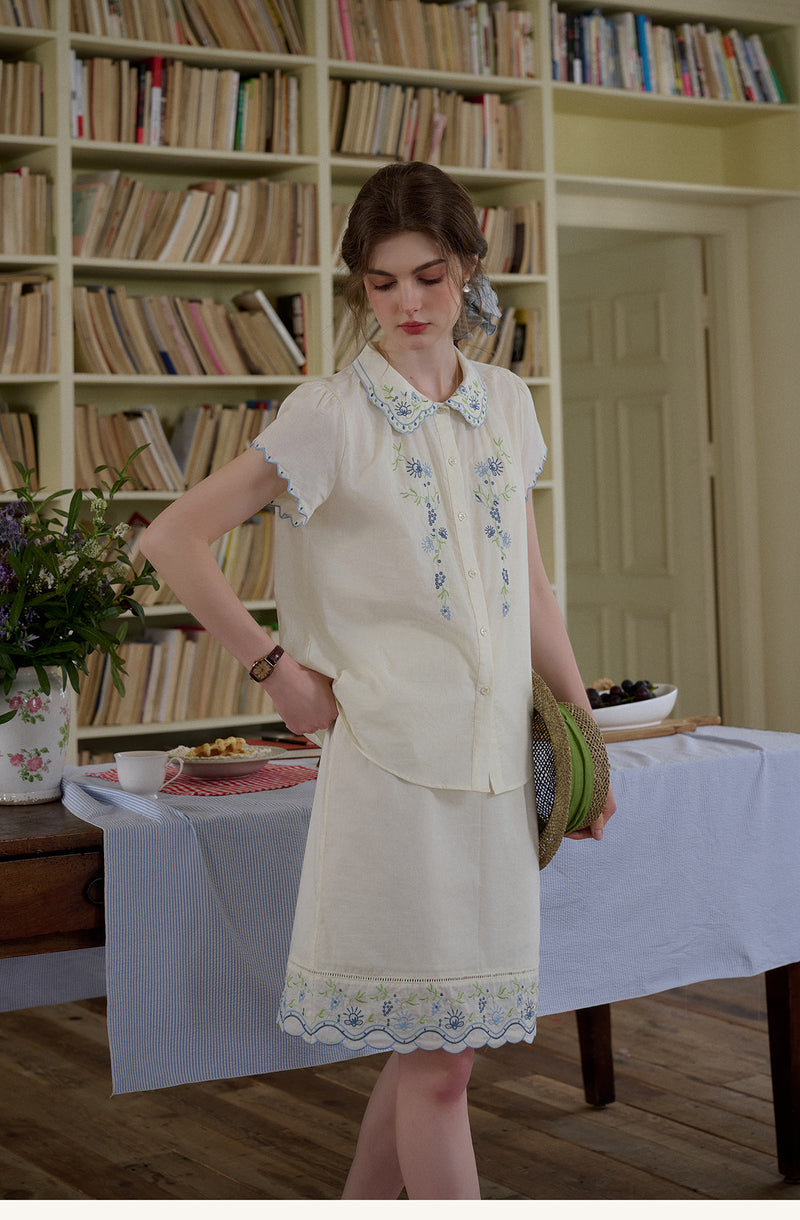 Embroidered Cotton Two-Piece Set Peter Pan Collar Blouse & Midi Skirt