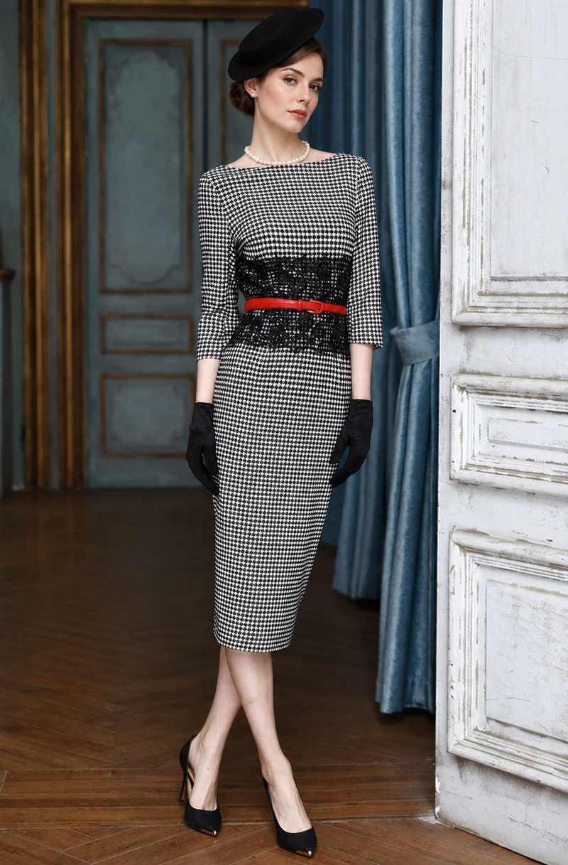 Lace-Waist Houndstooth Pencil Midi Dress - Three-quarter Sleeves