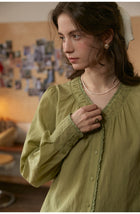 French Ruffled V-Neck Lyocell Linen Blouse