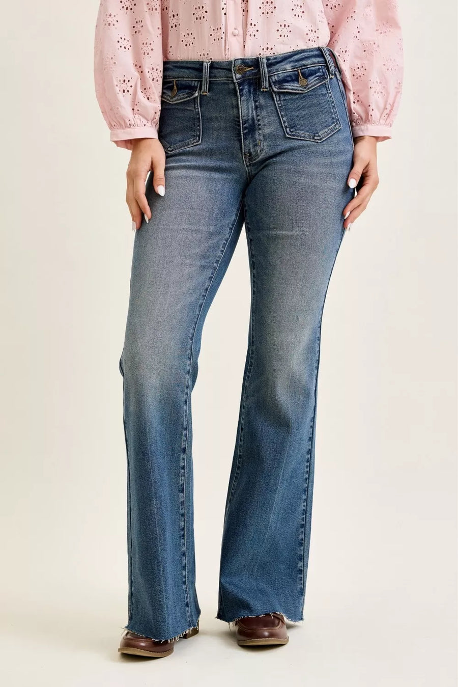 Blue Mid Rise Flare Jeans with Front Flap Pockets