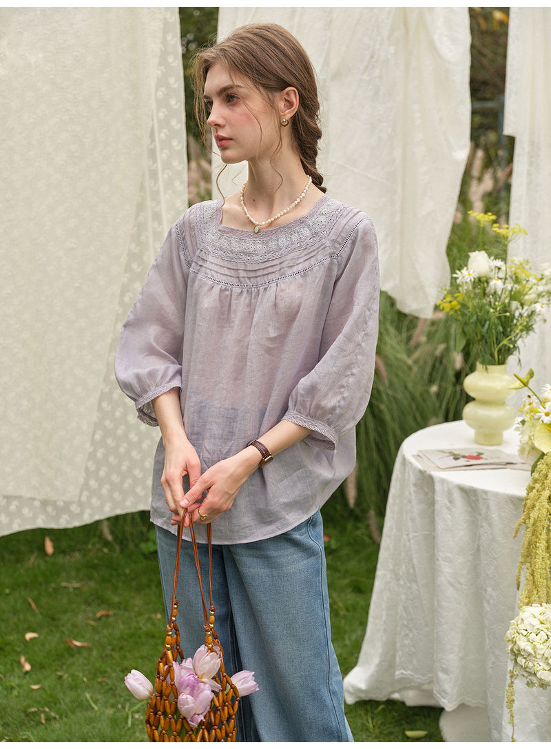 Vintage Linen Lace Square Neck Blouse Women 3/4 Sleeve Bohemian Top