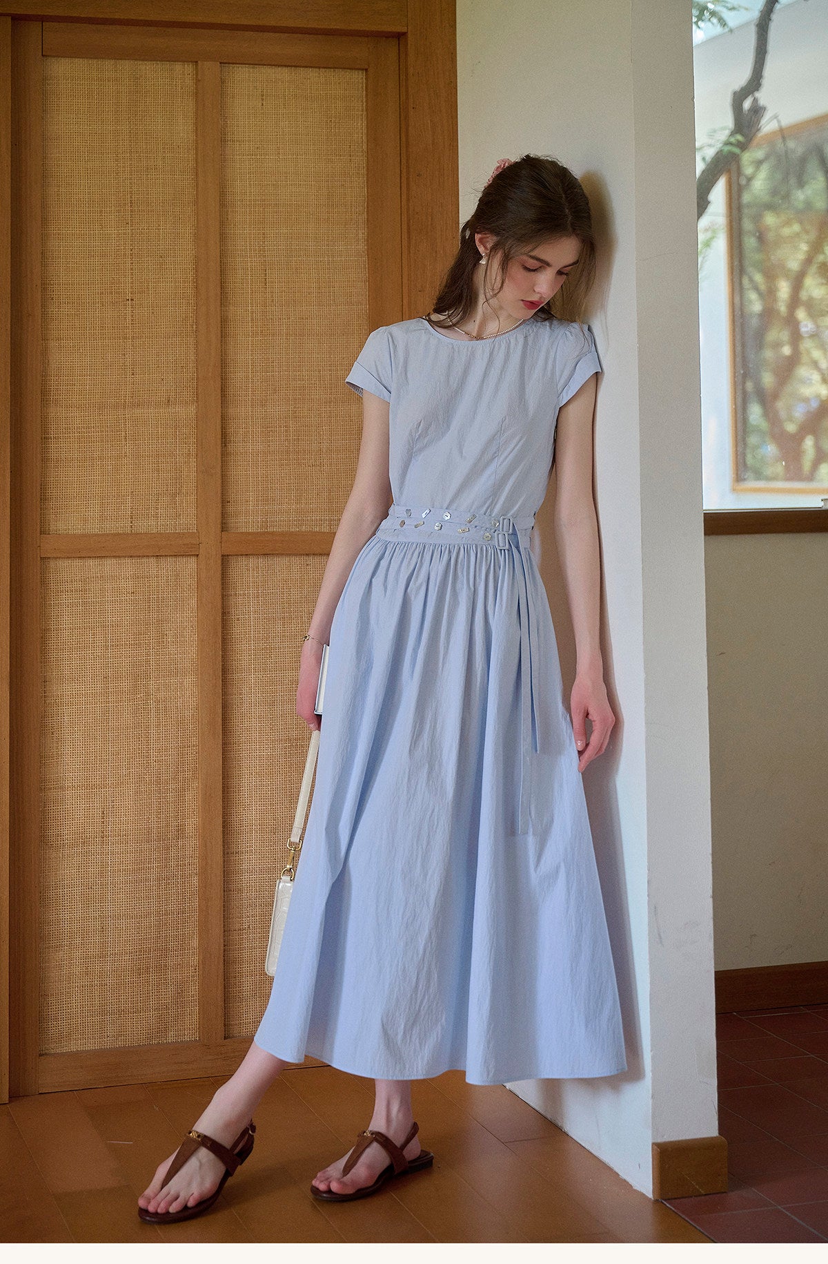 Women's Cotton Blend Belted Midi Dress | Casual A-Line Short Sleeve Summer Dress
